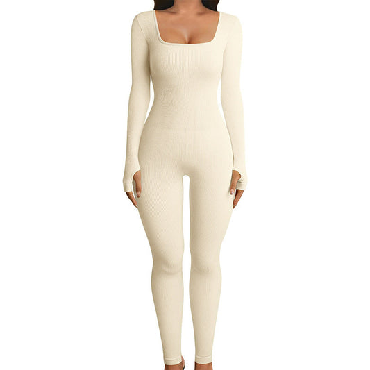 Stretchy Flattering Women’s Jumpsuit – Long Sleeve Square Neck, Ribbed Nylon-Spandex, Seamless Yoga Athleisure