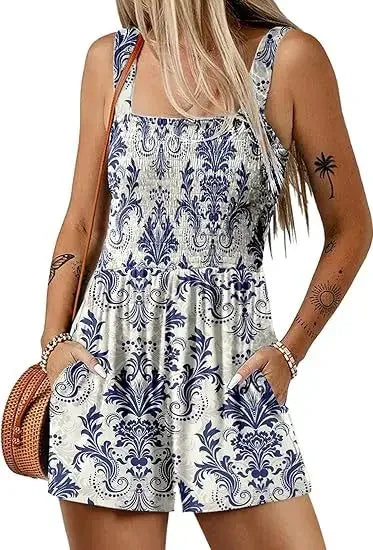 Women's Summer New Fashionable Printed Casual Square Neck Sexy Sleeveless Loose Shorts Beach Vacation Jumpsuit
