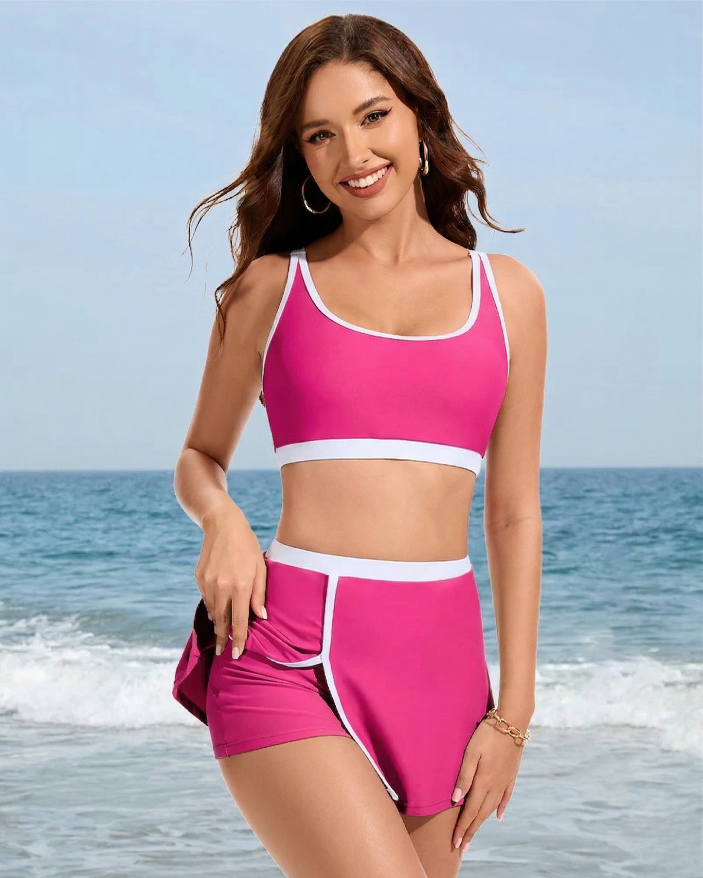 Sporty Color Block Side Slit Skirted Bikini Set