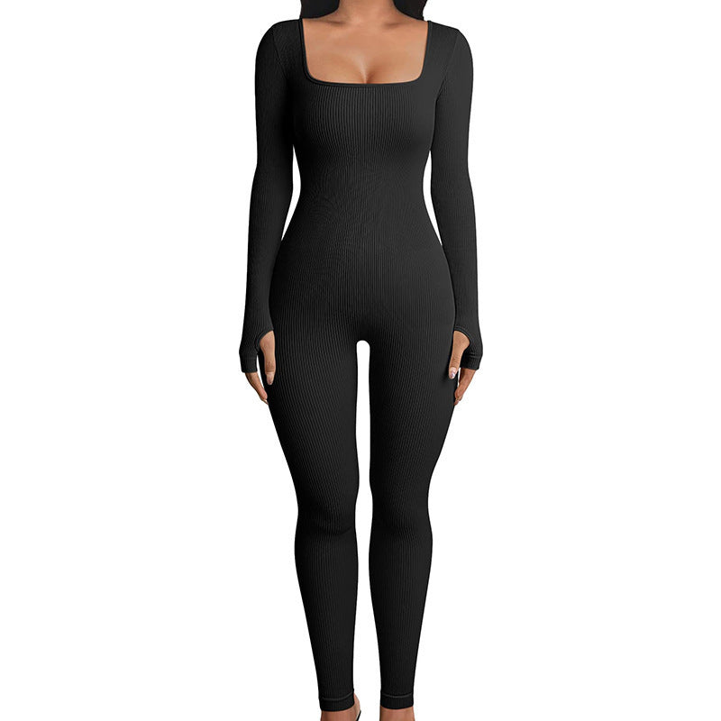 Stretchy Flattering Women’s Jumpsuit – Long Sleeve Square Neck, Ribbed Nylon-Spandex, Seamless Yoga Athleisure