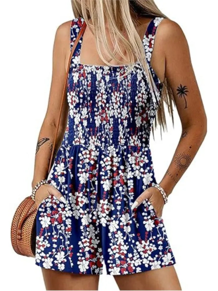 Women's Summer New Fashionable Printed Casual Square Neck Sexy Sleeveless Loose Shorts Beach Vacation Jumpsuit