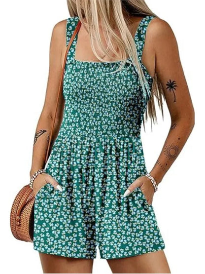 Women's Summer New Fashionable Printed Casual Square Neck Sexy Sleeveless Loose Shorts Beach Vacation Jumpsuit