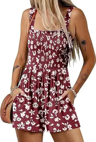 Women's Summer New Fashionable Printed Casual Square Neck Sexy Sleeveless Loose Shorts Beach Vacation Jumpsuit