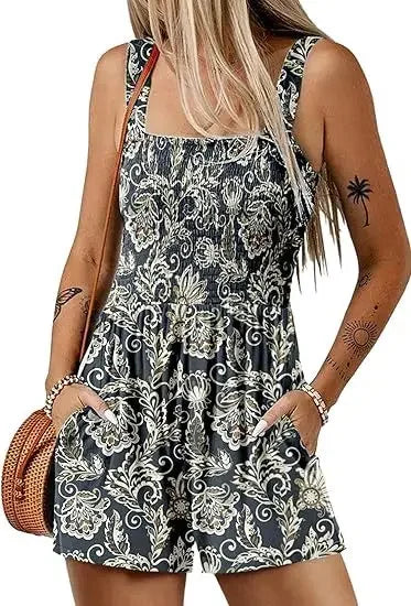 Women's Summer New Fashionable Printed Casual Square Neck Sexy Sleeveless Loose Shorts Beach Vacation Jumpsuit