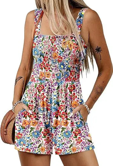 Women's Summer New Fashionable Printed Casual Square Neck Sexy Sleeveless Loose Shorts Beach Vacation Jumpsuit