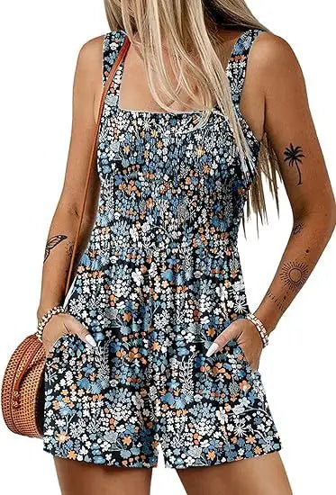 Women's Summer New Fashionable Printed Casual Square Neck Sexy Sleeveless Loose Shorts Beach Vacation Jumpsuit