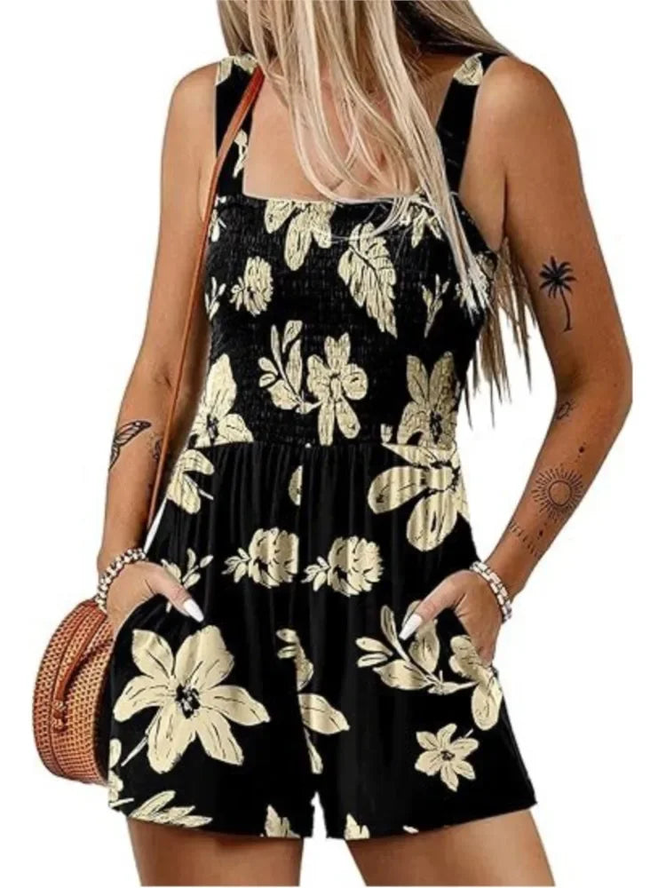 Women's Summer New Fashionable Printed Casual Square Neck Sexy Sleeveless Loose Shorts Beach Vacation Jumpsuit
