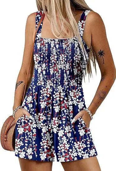 Women's Summer New Fashionable Printed Casual Square Neck Sexy Sleeveless Loose Shorts Beach Vacation Jumpsuit
