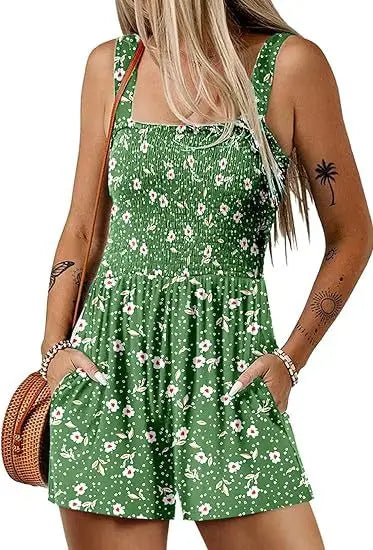Women's Summer New Fashionable Printed Casual Square Neck Sexy Sleeveless Loose Shorts Beach Vacation Jumpsuit