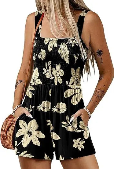 Women's Summer New Fashionable Printed Casual Square Neck Sexy Sleeveless Loose Shorts Beach Vacation Jumpsuit